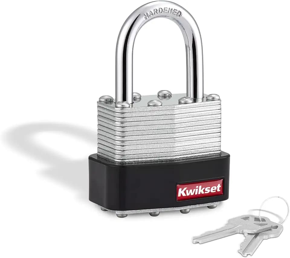 Kwikset Laminated Steel Padlock with Hardened Steel Shackle, 1-Pack, Silver