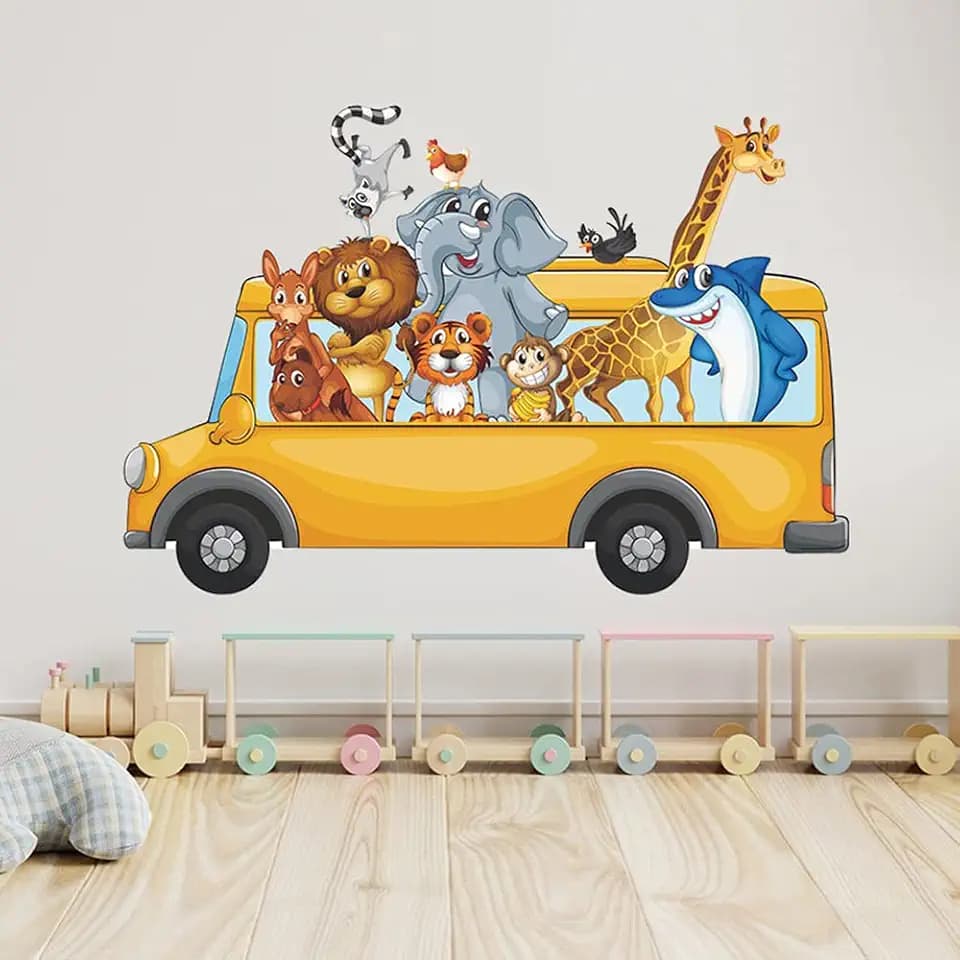 28.3 in x 19 in Jungle Wild Cartoon Animals Giraffe Kangraoo on Car Elephant Lion Monkey Removable Vinyl Wall Decals Stickers for Children Room Nursery