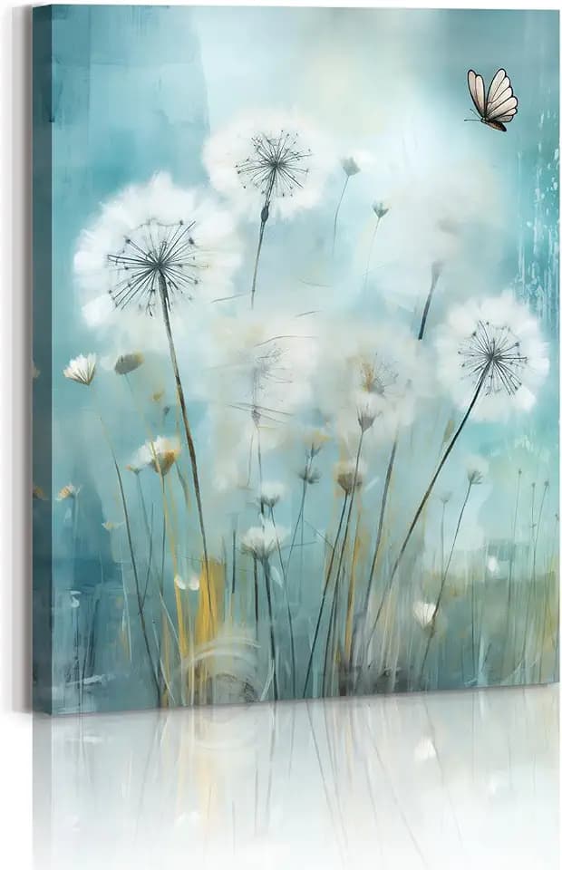 Dandelions Blue Canvas Print Neutral Floral Picture Paintings Dandelions Pictures for Bedroom Bathroom Decor White Flower Flora Dandelion Picture Canvas Prints Artwork Framed Ready To Hang 12"x16"