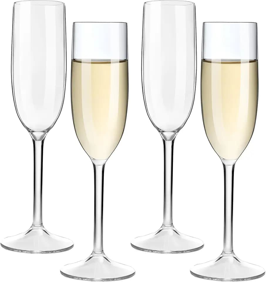 MICHLEY Tritan Champagne Flutes Glassware 6 oz, Set of 4 Unbreakable Plastic Wine Glasses, Crystal Clear, Dishwasher-safe