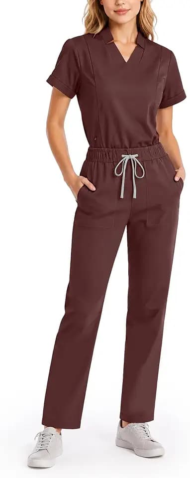 Women's Scrub Set, V-Neck Top & Straight Pants, 9 Pockets