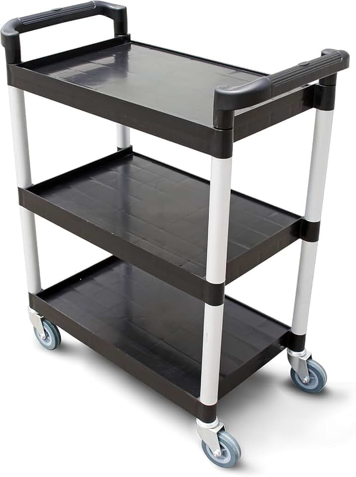 New Star Foodservice Heavy-Duty 3-Tier Plastic Utility Bus Cart with Locking Casters, 250 lb Capacity, 32 x 16 x 38 Inch, Black