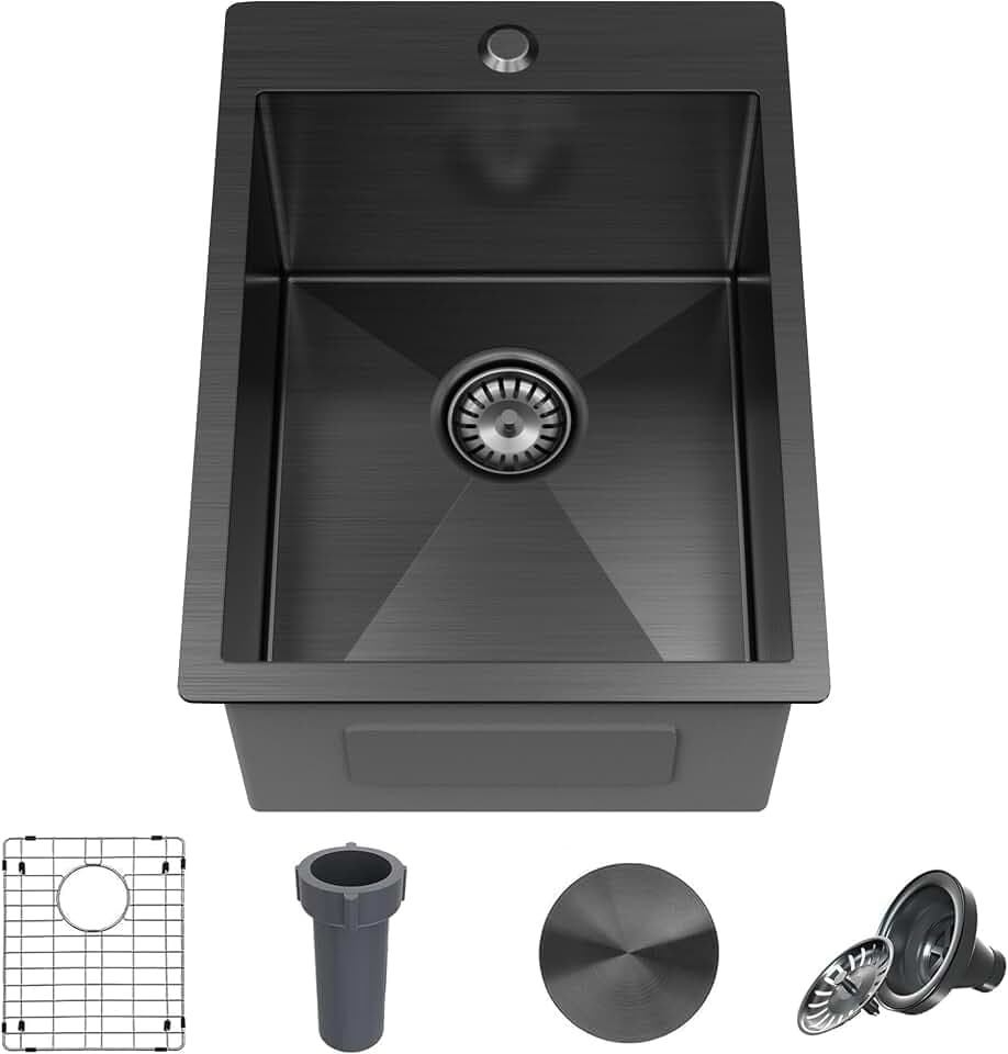 15 x 20 x 9 Inch Black Drop In Kitchen Bar Sink, Small Kitchen Sink Single Bowl Topmount Bar Prep Sink 18 Gauge Stainless Steel Bar Sink with Grid and Basket Strainer