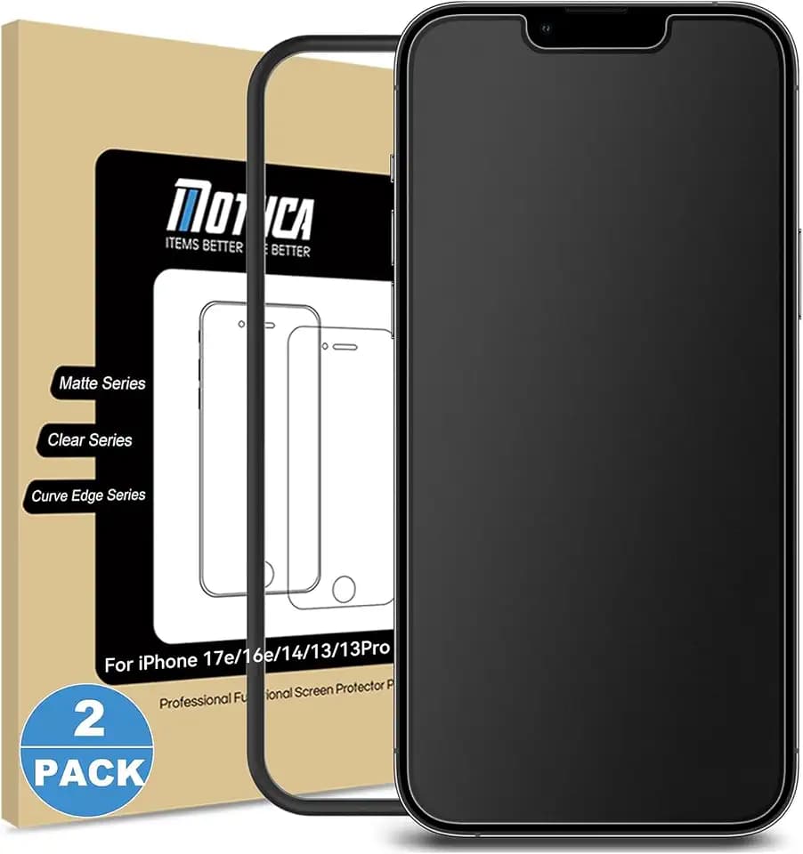Mothca Mattes Schutzfolie für iPhone 13/13 Pro/ 14/ 16e/ 17e (6,1 Zoll), 2 Stück aus 9H-Hartglas mit 2 HD-Kameraschutzgläsern & Montagerahmen, Nano-Ätztechnik, Entspiegelung, Anti-Fingerabdruck