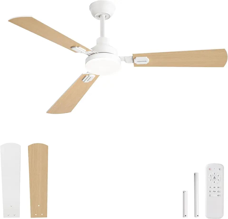 ZMISHIBO 132cm Deckenventilator mit LED-Licht, Fernbedienung, Innen/Aussen,3 Lichtfarben,leiser reversibler DC-Motor,Klingen in Weiss/Hellholz