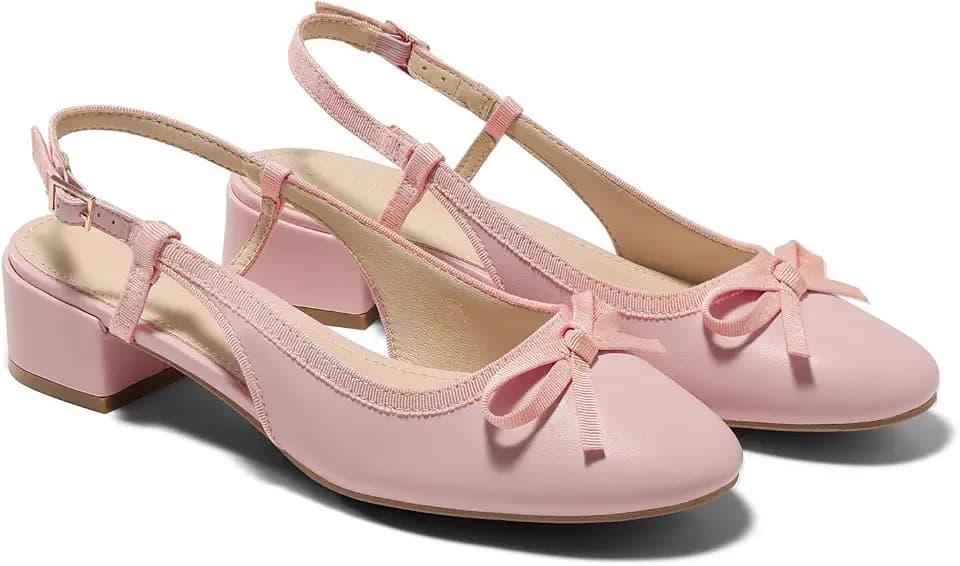 Coutgo Womens Chunky Low Heels Slingback Ballet Bow Pumps Closed Toe Wedding Dress Shoes