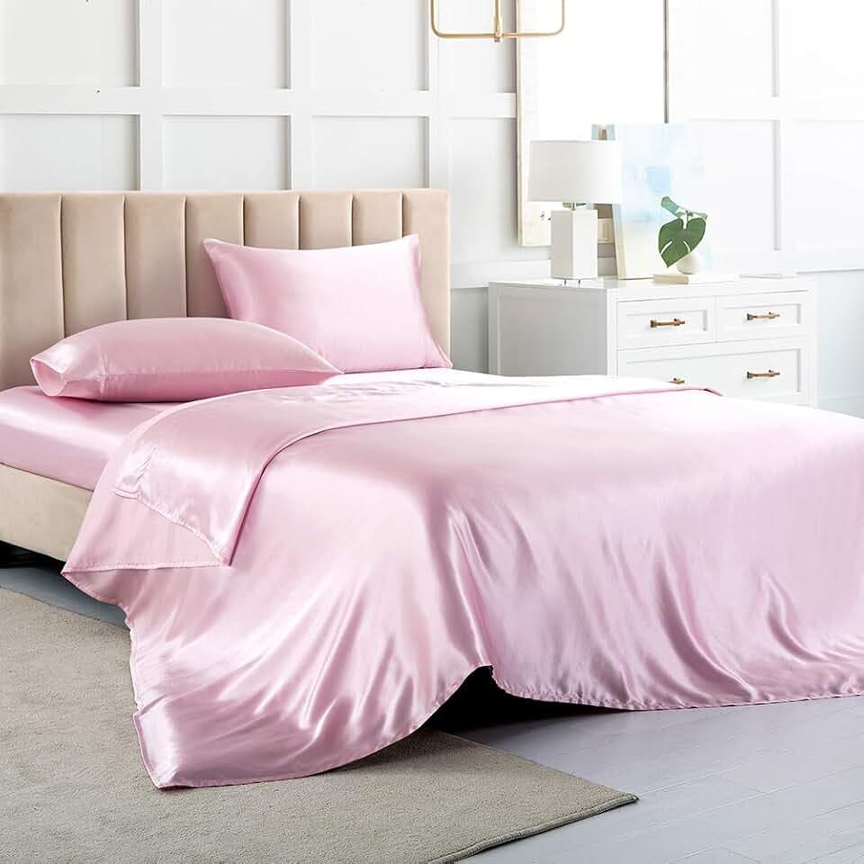 Luxbedding Satin Bed Sheets Set, Full Size Sheets, 4 Pieces, Pink