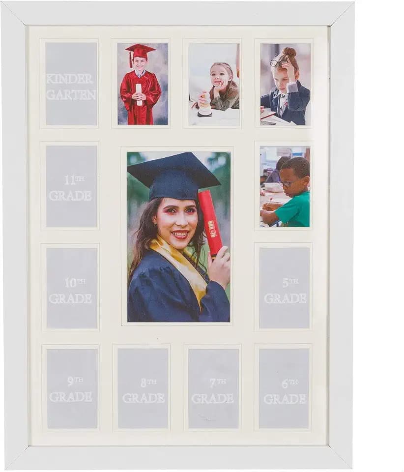 WOOD SIDE ORBIS School Years Picture Days Collage Frame with Double White Mat, Displays One 5x7 Photo and Twelve 2.5x3.5 Pictures, Landscape, Portrait, K-12 Keepsake