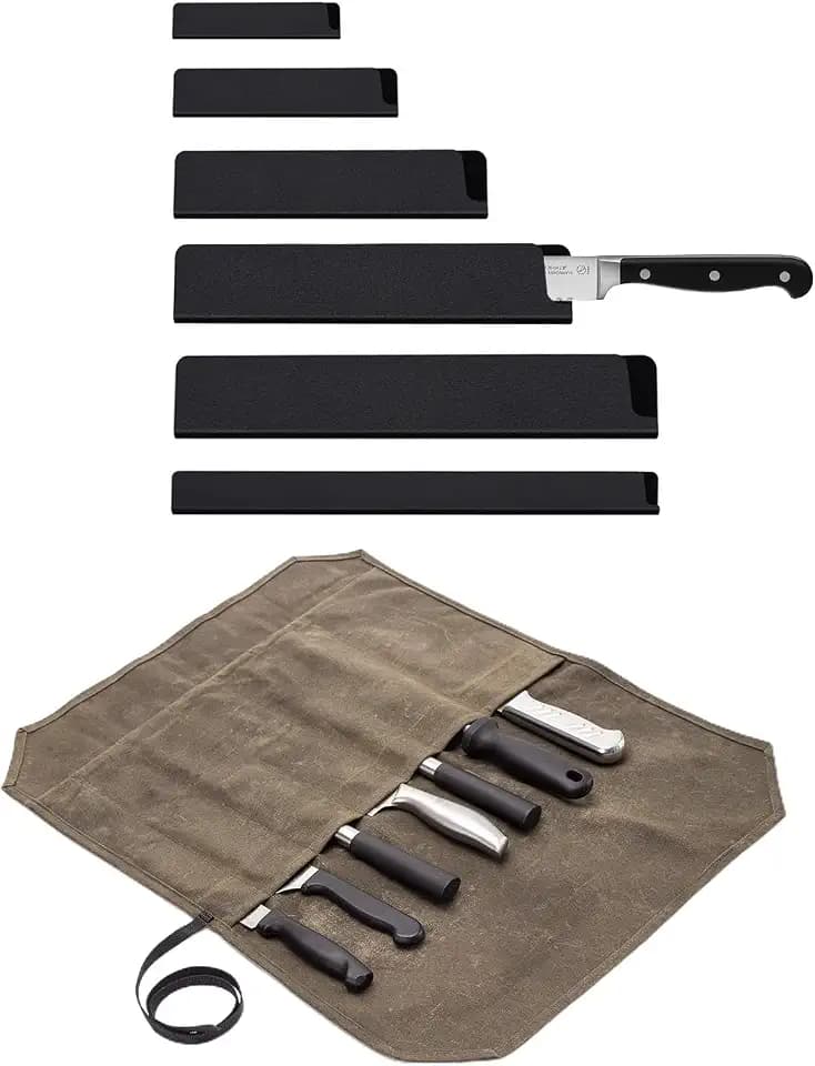 Chef Knife Roll Bag with 7 Slots Cutlery Knives Holders Protectors&6 Packs Knife Edge Guard Set Blade Covers,Knife Roll Storage Bag,Portable Travel Chef Knife Case,Kitchen Travel Cooking Tools