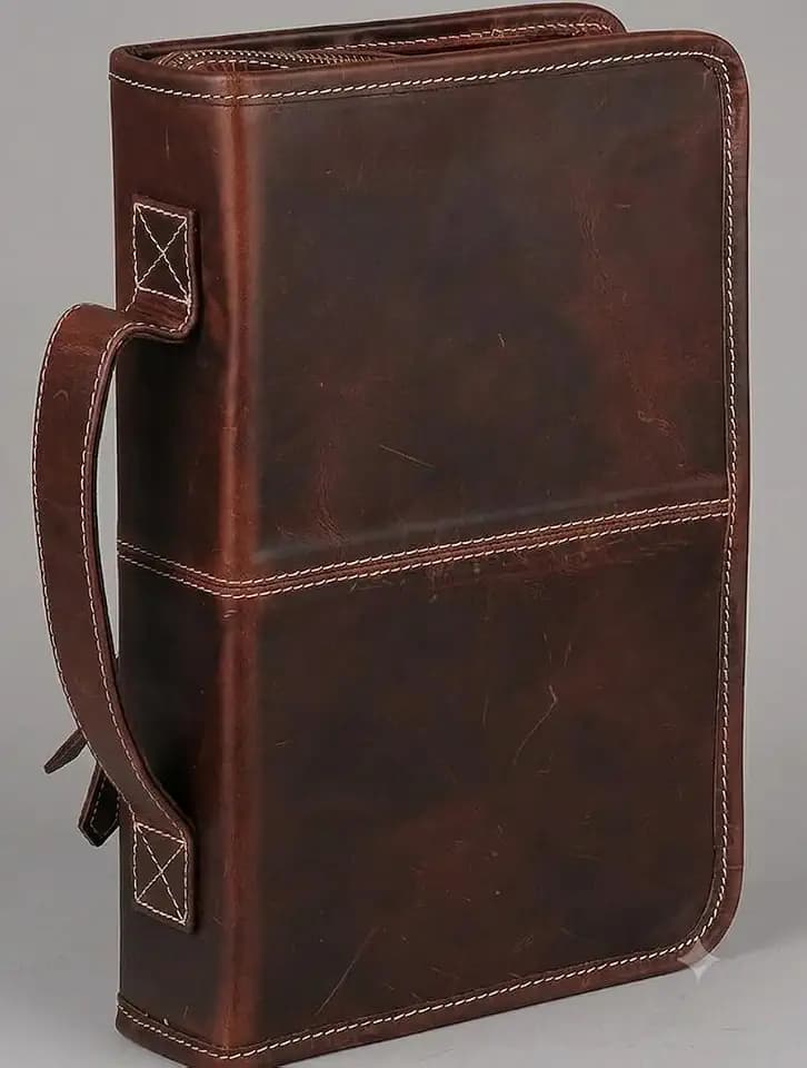 Vintage Crafts Genuine Leather Bible Cover | Zippered Bible Organizer with Handle| Interior Mesh Pocket and Back Slip Pocket (Dark Brown, 10.8 x 6.8 x 2 Inches)