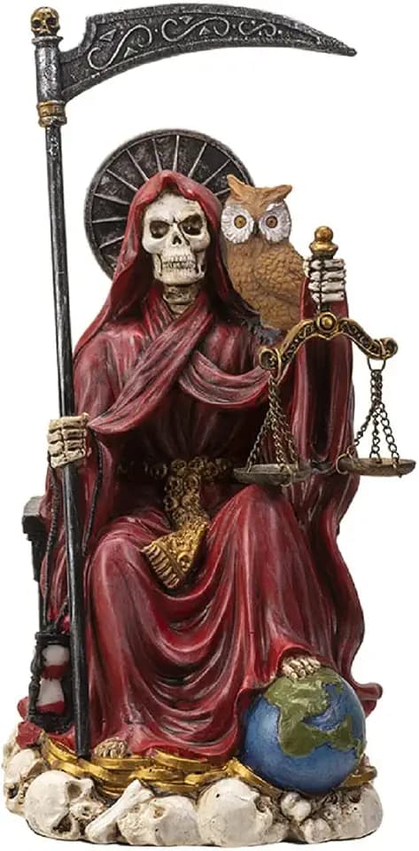 Pacific Trading Sitting Santa Muerte Red Gown with Owl Figurine 9 Inch 15250