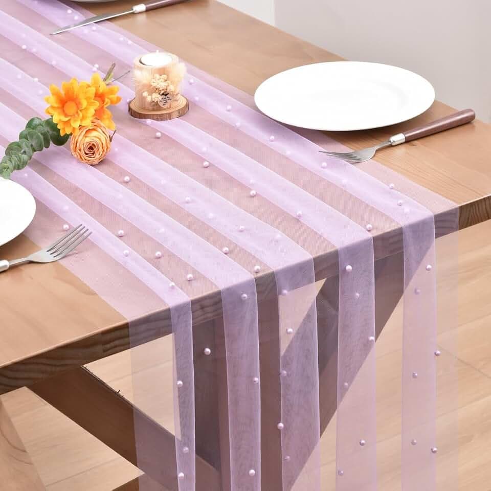 3pcs Pearl Table Runner Boho Tulle Lace Bridal Shower Beaded Decor Lilac