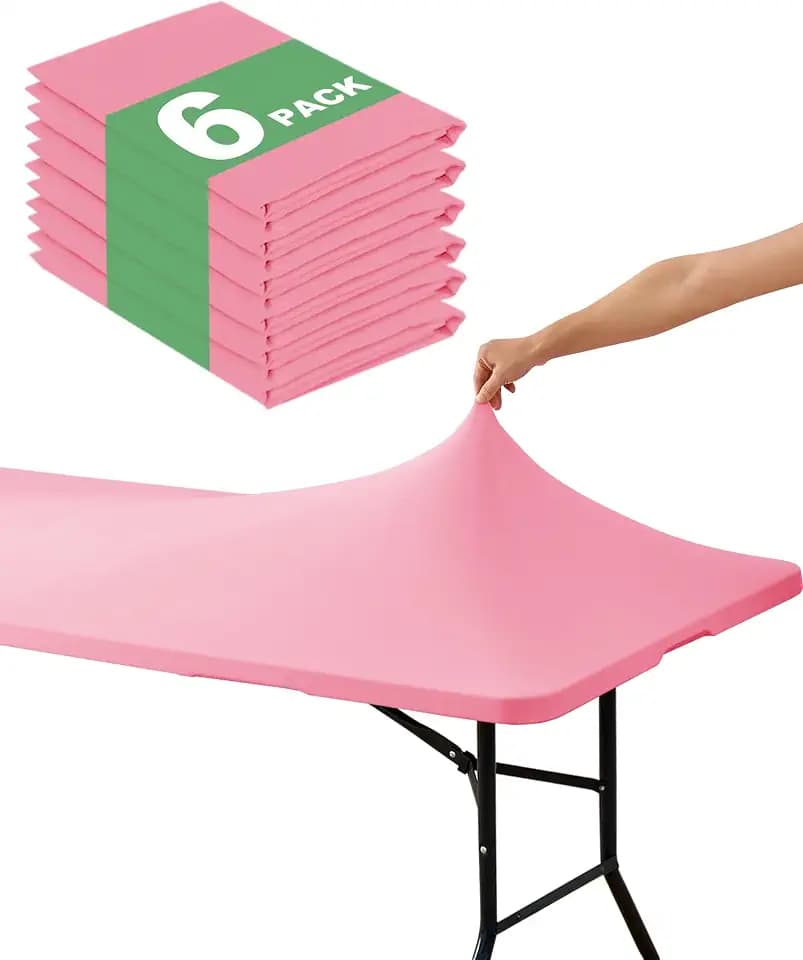Fitted Tablecloth Rectangle Table Cloths with Elastic, 6 ft, Pink, 6 Pack