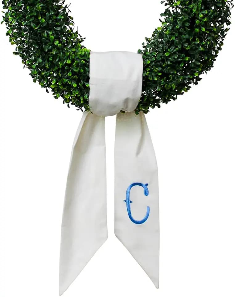 Monogram Wreath Sash for Front Door, White Embroidered Linen Wreath Sash, Porch Accessory for Xmas Party Yard, Wedding, and Boxwood Decoration, Indoor Outdoor Décor - (C)