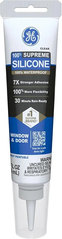 GE Supreme Silicone Caulk for Window & Door, Clear, 2.8 fl oz Tube, 1 Pack - 100% Waterproof Silicone Sealant, 7X Stronger Adhesion, Freeze & Sun Proof