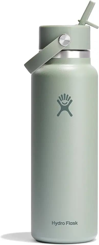 Hydro Flask Water Bottle - Insulated Stainless Steel - Wide Mouth Flex Straw Lid, Non Spill, Leakproof and Refillable in 40 Oz Tonal Agave