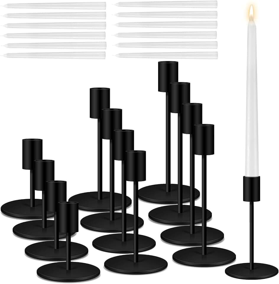 6 Set Candle Holders Bulk with 10'' Dripless Taper Candles 3.3'' 5.5'' 6.3'' Metal Candlestick Holders Vintage Modern Decorative Table Centerpiece for Wedding Birthday Home Decor (Black)