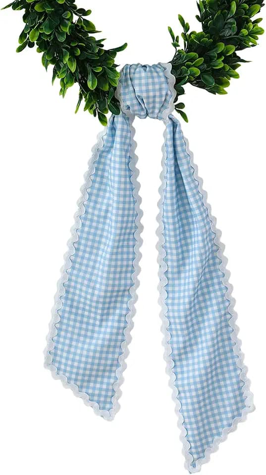 DYSHAYEN Wreath Sash for Front Door, Blue Plaid with White Trim
