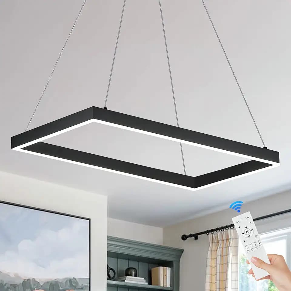 Modenrn LED Chandeliers, 23.6"x11.8" Rectangular Black Ring Chandeliers for Dining Room Living Room Kitchen Island Office Remote Control Dimmable (Silicone Diffuser)