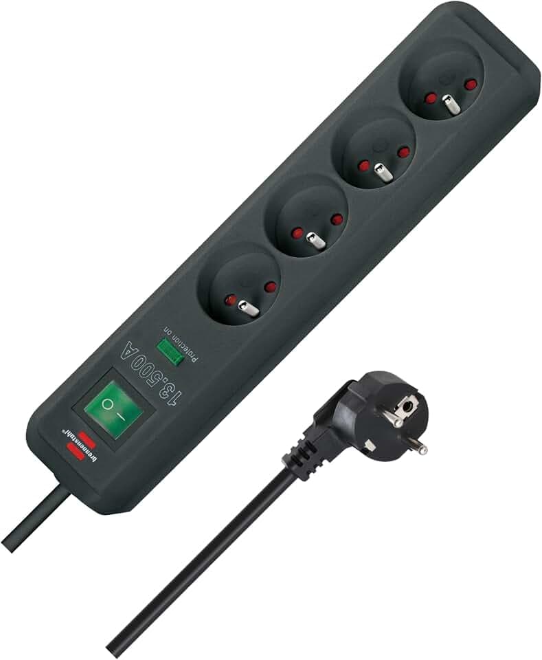 Brennenstuhl Eco Steckdosenleiste mit 4 Steckdosen mit Sockel 1,4 m H05VV-F 3G1,5 Überspannungsschutz 13.500 A, schwarz, 1159701