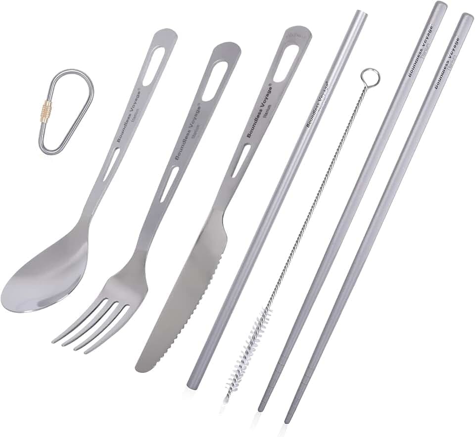 iBasingo Camping Besteck Set Titan Outdoor Feldbesteck Koch Geschirr Gabel Löffel Stroh Messer Essstäbchen Indoor Ultraleichtes Tragbar Travel Picknick Wandern Rucksack Tägliche Utensilien Ti1073T