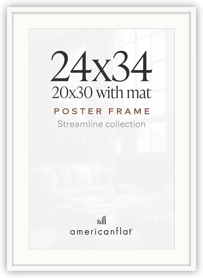 Americanflat 24x34 Poster Frame - Matted to 20x30 - Slim Molding - White