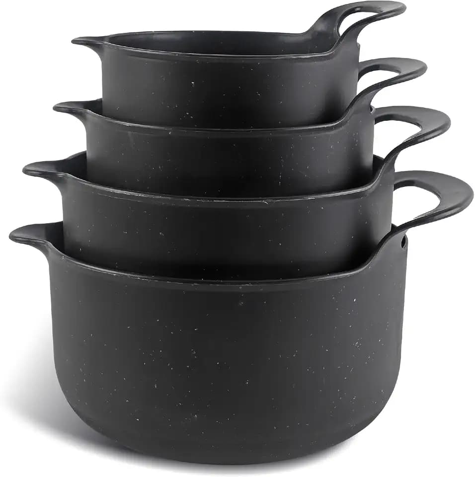 COOK WITH COLOR Nesting Plastic Mixing Bowl Set with Pour Spouts and Handles, Black Speckled, 4 Piece Non-Slip