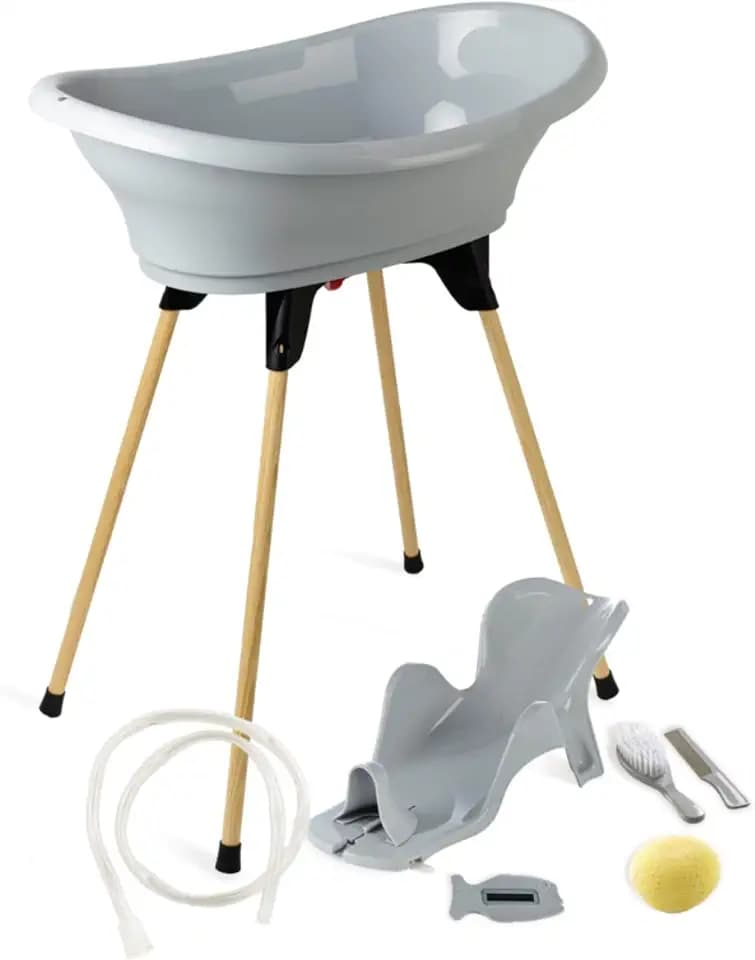 Thermobaby - VASCO 7-in-1-Babybadepaket - Badewanne, Holzfuß, Abflusschlauch, Badeliege, Thermometer -Bürste, Kamm, Schwamm - Zusammenklappbar & Stabil - Grau Charme