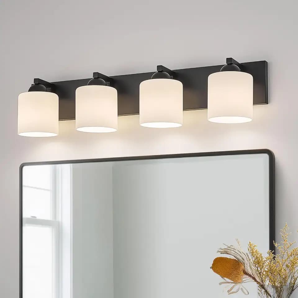 mirrea 4-Light Black Bathroom Vanity Light with White Glass Shades