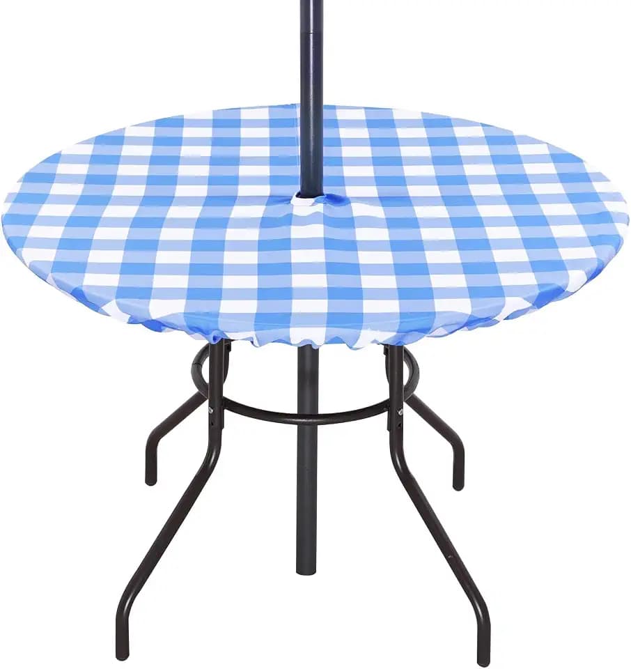 Poise3EHome Fitted Blue Checkered Round Outdoor Tablecloth, Polyester SpillProof Plaid Table Cloth with Umbrella Hole Zipper Elastic for Patio Garden Poolside Picnic Fits to 40"-46" Patio Table