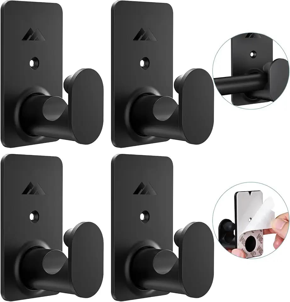 No Drill Curtain Rod Brackets Upgrade 3M Adhesive No Drilling Curtain Rod Holders Renter Friendly Curtain Rod Hooks Nail Free Suitable for Poles 5/8 Inch (4Pcs Black)