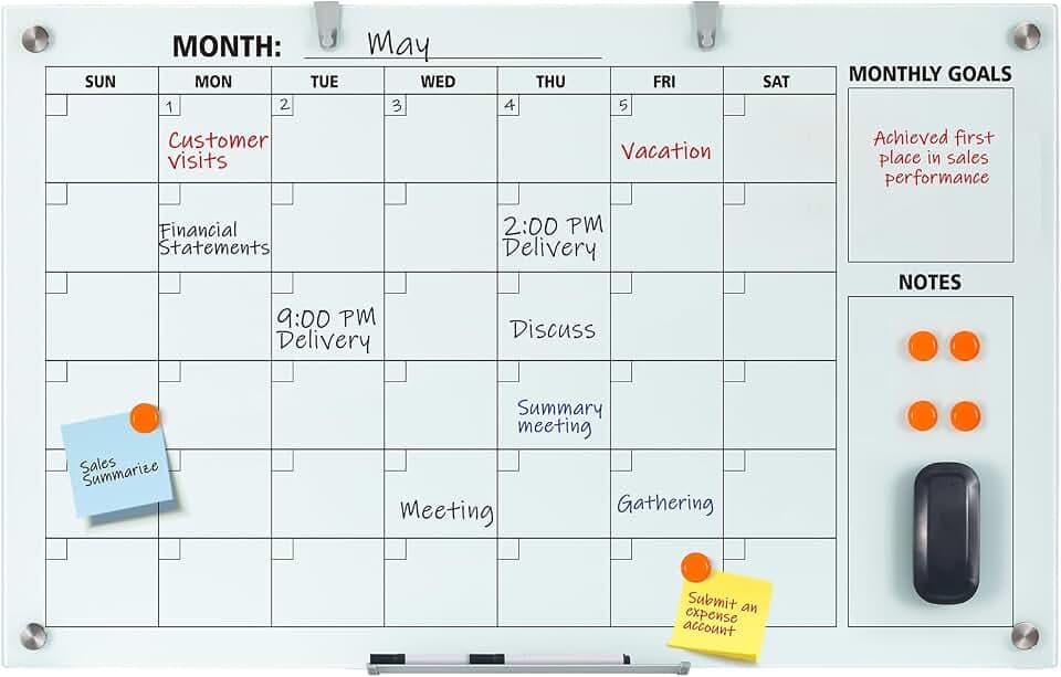 Wingwise Magnetic Glass Calendar Board, 48 x 30 Inches Dry Erase Whiteboard