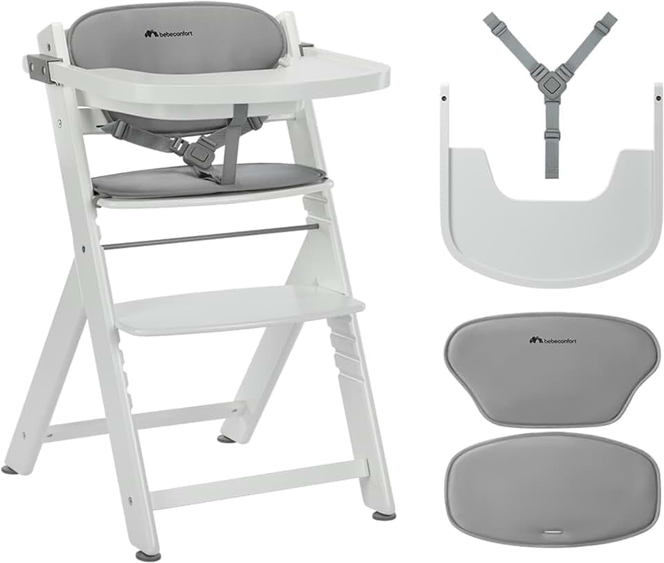 Bebeconfort Timba 2 mit Kissen, Mitwachsender Hochstuhl Baby, Ab 6 Monaten, Bis 110 kg, Ergonomischer Baby & Kinderhochstuhl Holz, Fast alle Esstische, Abnehmbares Tablett, White + Grey