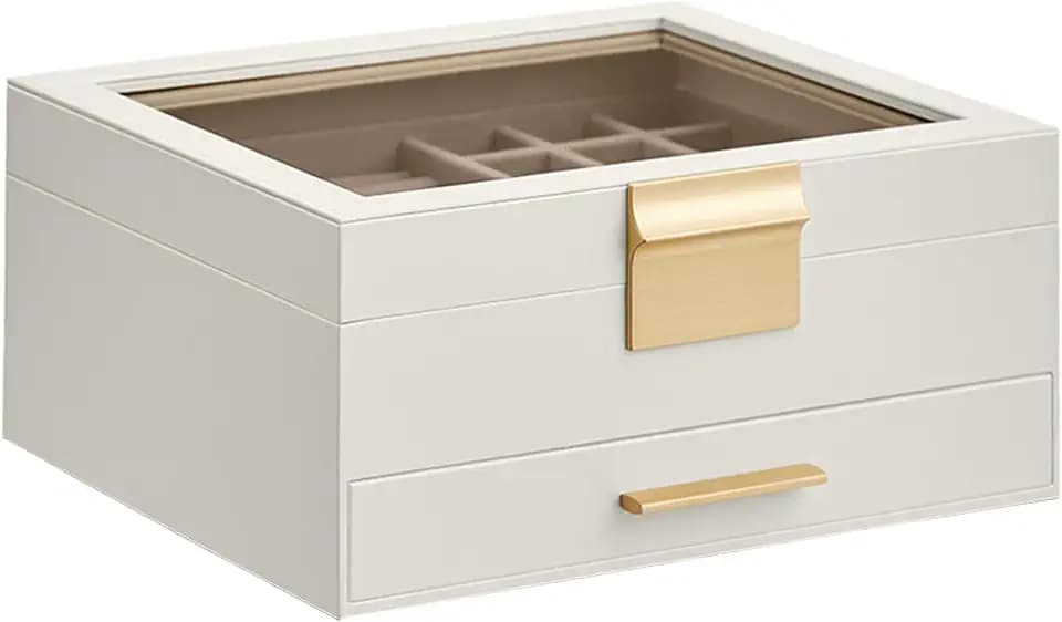 SONGMICS Jewelry Box Organizer, 2-Layer Storage with 1 Drawers, Glass Lid