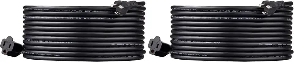 Amazon Basics Indoor Extension Cord, 3 Prong Outlet Extender Power Cord, 13 Amps, 125V, 25 Foot, Black, 2-Pack