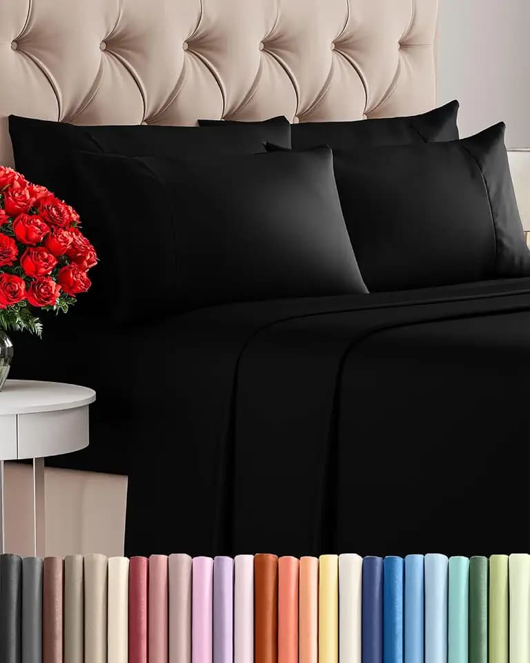 Queen 6 Piece Bed Sheet Set - Comfy, Breathable & Cooling Sheets - Black