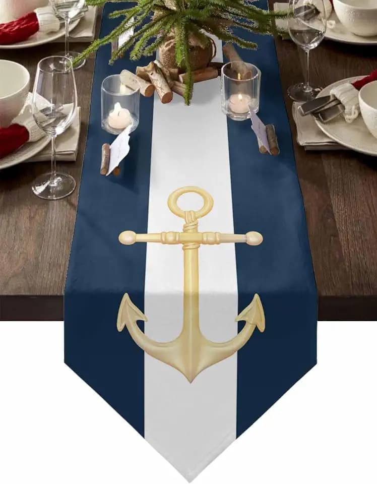Coffee Table Runner - 72 Inches Long, Yellow Anchor Nautical Dresser Scarf Dining Tabletop Décor for Kitchen/Farmhouse/Holiday, Navy Blue White Striped 13 x 72 Inch