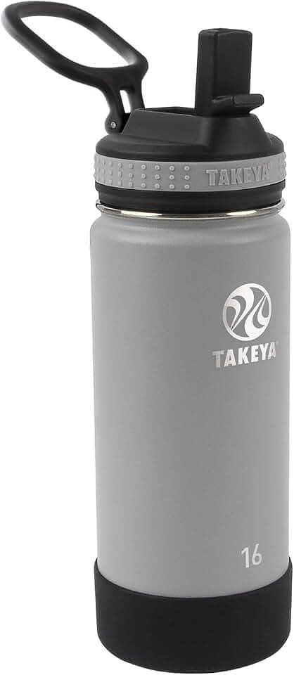Takeya Actives Kids Water Bottle 16 oz Stainless Steel Double Wall Insulation BPA-Free Leakproof Straw Lid Easy Carry Handle Reusable Ideal for Boys and Girls, School, Sports - Platinum / Onyx