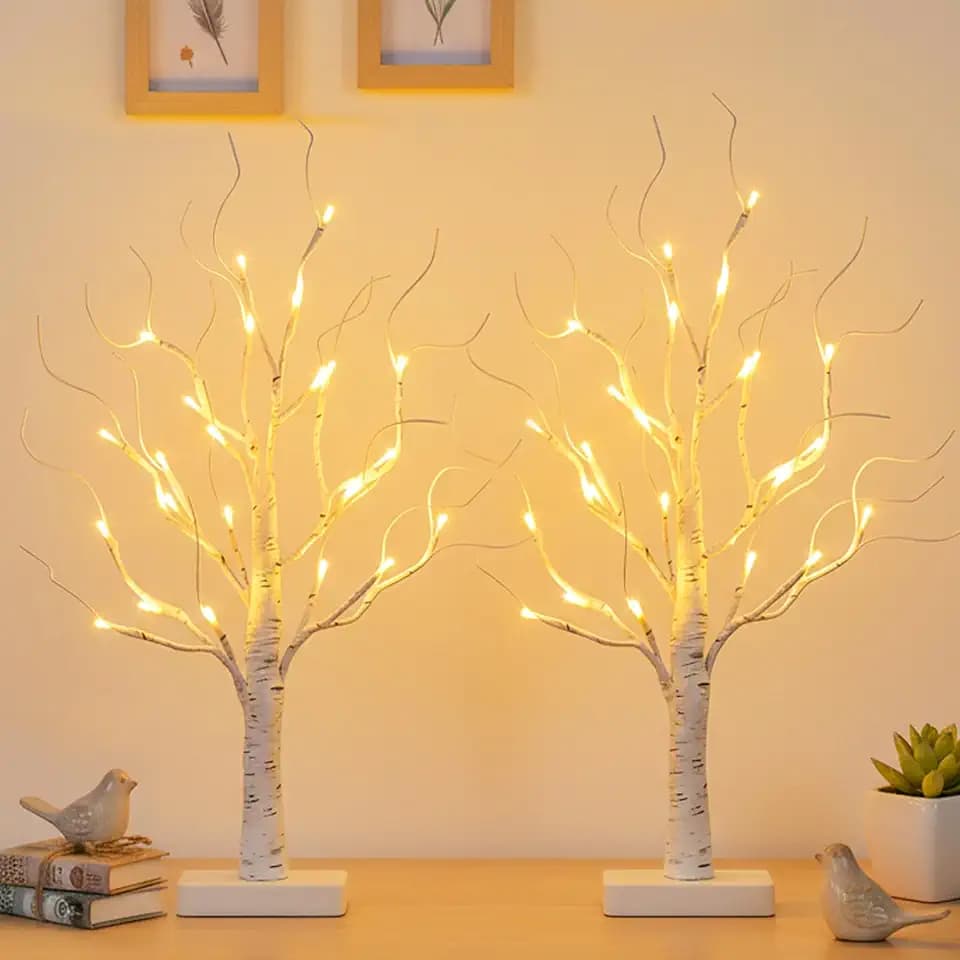 PABIPABI Lighted Birch Tree, 2 Pack Christmas Tree with 24 LED, Tabletop Centerpiece Artificial Tree Lights Battery Powered Timer for Home Office Bedroom Wedding
