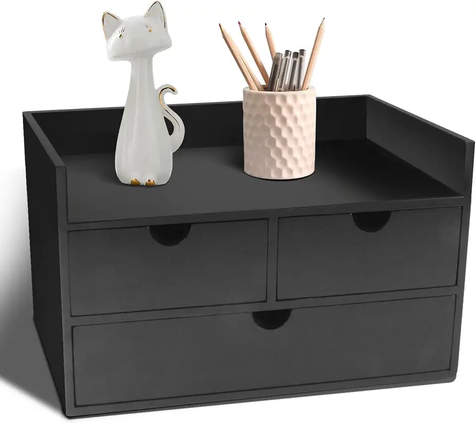 Charmewooden Bamboo Desk Organizer 3 Drawer with Shelf, Countertop Organizer with Drawers Makeup Storage Drawer 3 Drawers Tabletop Storage Organization Box Home Office Workspace(Black)