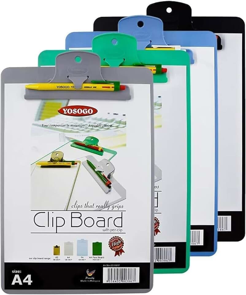 Yosogo A4/Letter Size Plastic Clipboard, 4-Pack with Handy Pen Holder & Bonus Pen, Holds up to 40 Sheets, Durable Plastic – Writing, Office, Stationary, School Supplies Set (4-Pack)