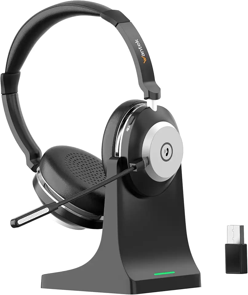 Wantek Kabelloses Headset mit Mikrofon, Bluetooth Headset mit Ladestation, Wireless Kabelloses Headphone mit Mikrofon und USB Dongle, Call Center Headphone für Computer Laptop Teams Büro Zoom Skype