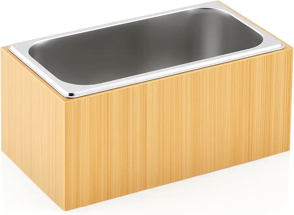 Medium Bamboo Ice Bin with Removable Steel Tray for Party Buffet Drinks