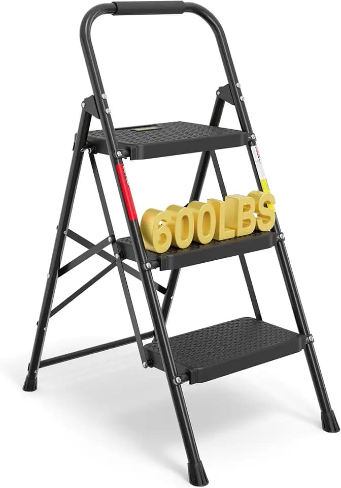 BONTEC 3-Step Ladder, Folding Step Stool, 600lbs Max Load Capacity, Black