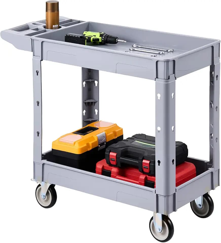 VEVOR Utility Cart, 550 lbs Capacity, 2 Tier Service Cart with 360° Swivel & Fixed Wheels (2 with Brakes), Heavy Duty Plastic Rolling with Storage Tray, Tool Storage for Garage Warehouse Workshop