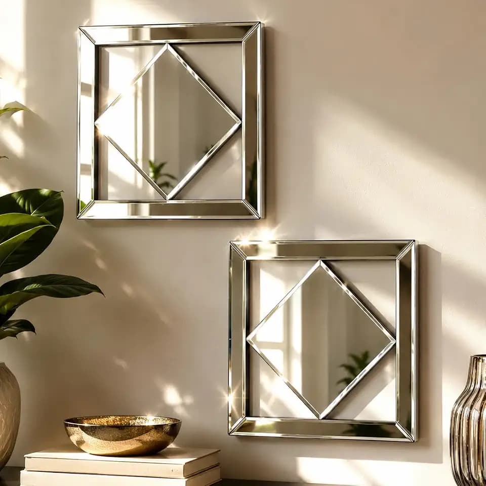 Square Decorative Wall Mirror 12 x 12 Inch, Silver Frameless Mirror Wall Decor with Beveled Edge, Modern Wall Mounted Accent Mirror for Living Room, Bedroom, Hallway, Set of 2