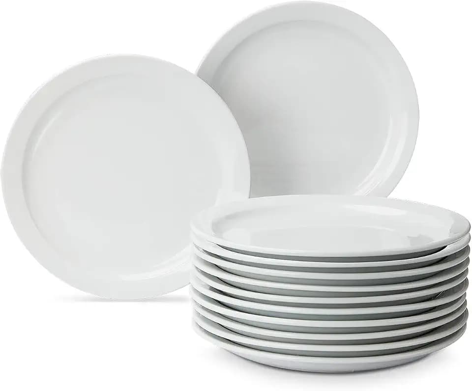 Amazon Basics 12-Piece Porcelain, 9 Inch Narrow Rim Dinner Plate Set, Microwave Safe, Heavy-Duty, White