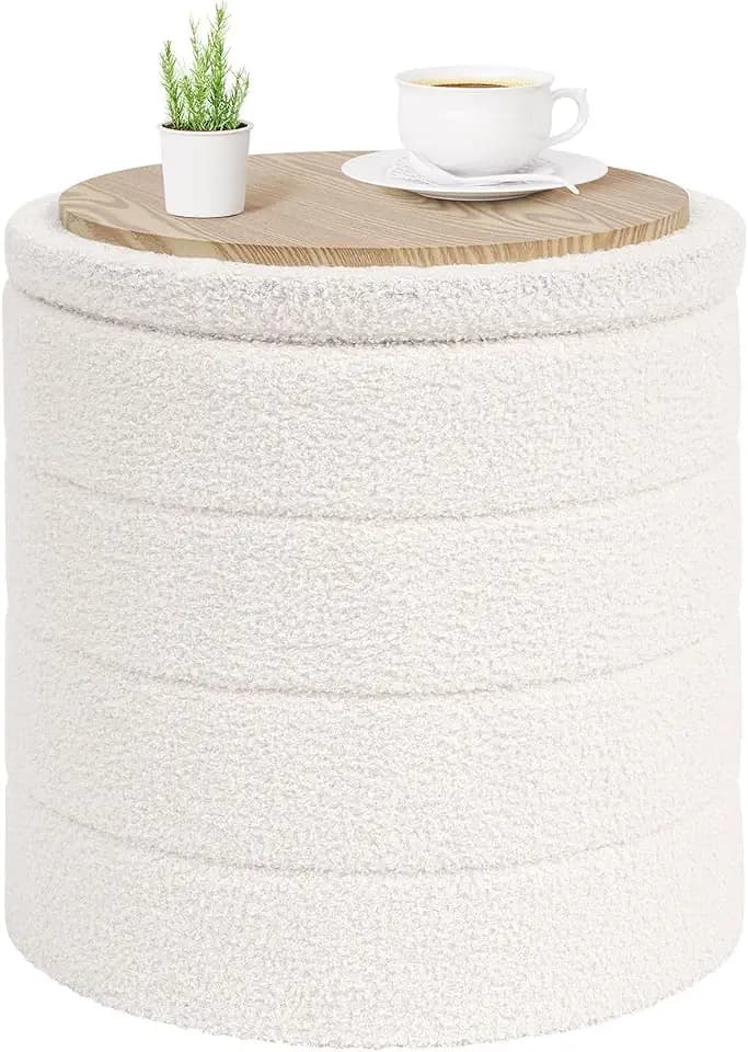 PINPLUS Round Folding Storage Ottoman, Cream Boucle Footstool