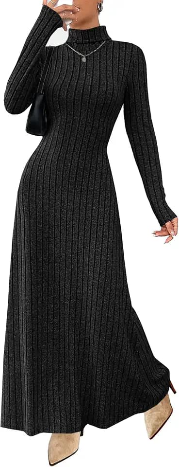 MITILLY Women Turtle Neck Sweater Long Dresses Elegant Long Sleeve Fitted Casual Funeral Church Teachers Going Out Dress Medium Charcoal Black