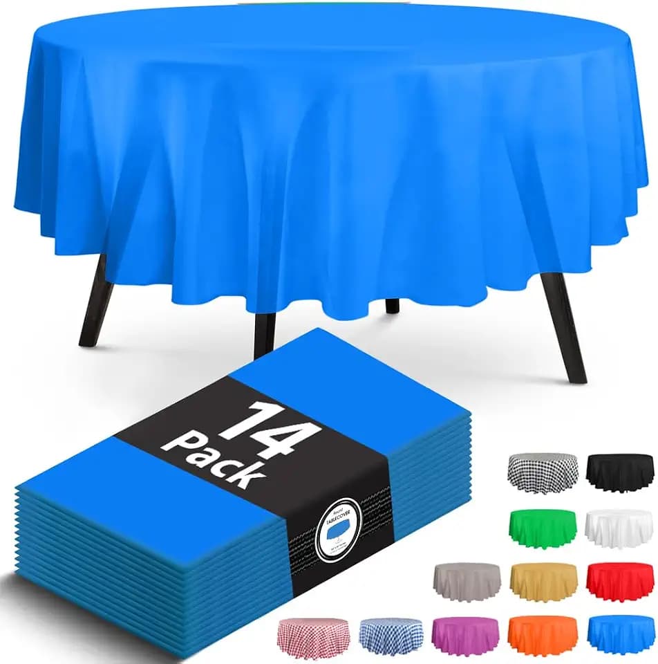 HSGUS 14 Pack Blue Round Plastic Tablecloth, 84x84in, Disposable Table Cover for Parties, Weddings